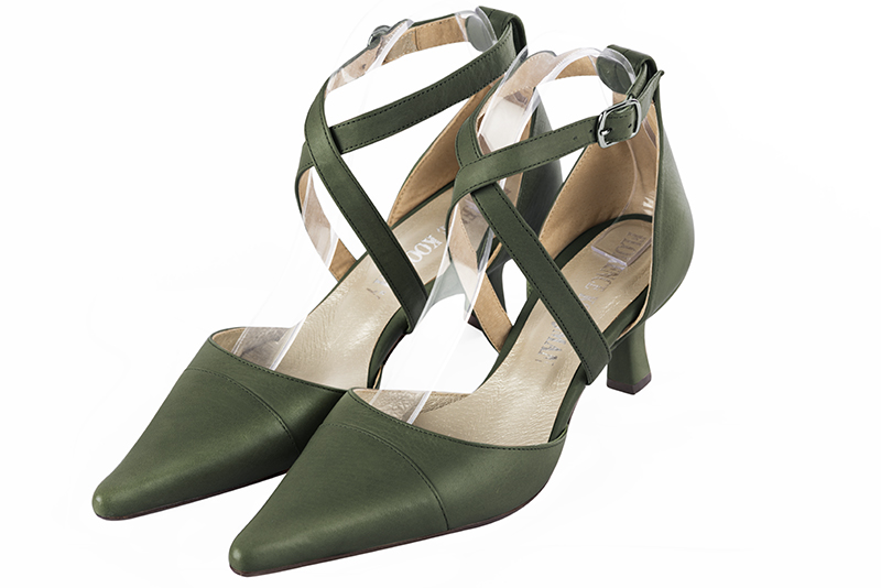 Forest green women's open side shoes, with crossed straps. Pointed toe. Medium spool heels. Front view - Florence KOOIJMAN